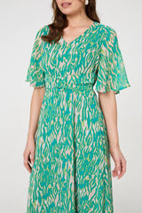 Printed 1/2 Sleeve Belt Waist Midi Dress