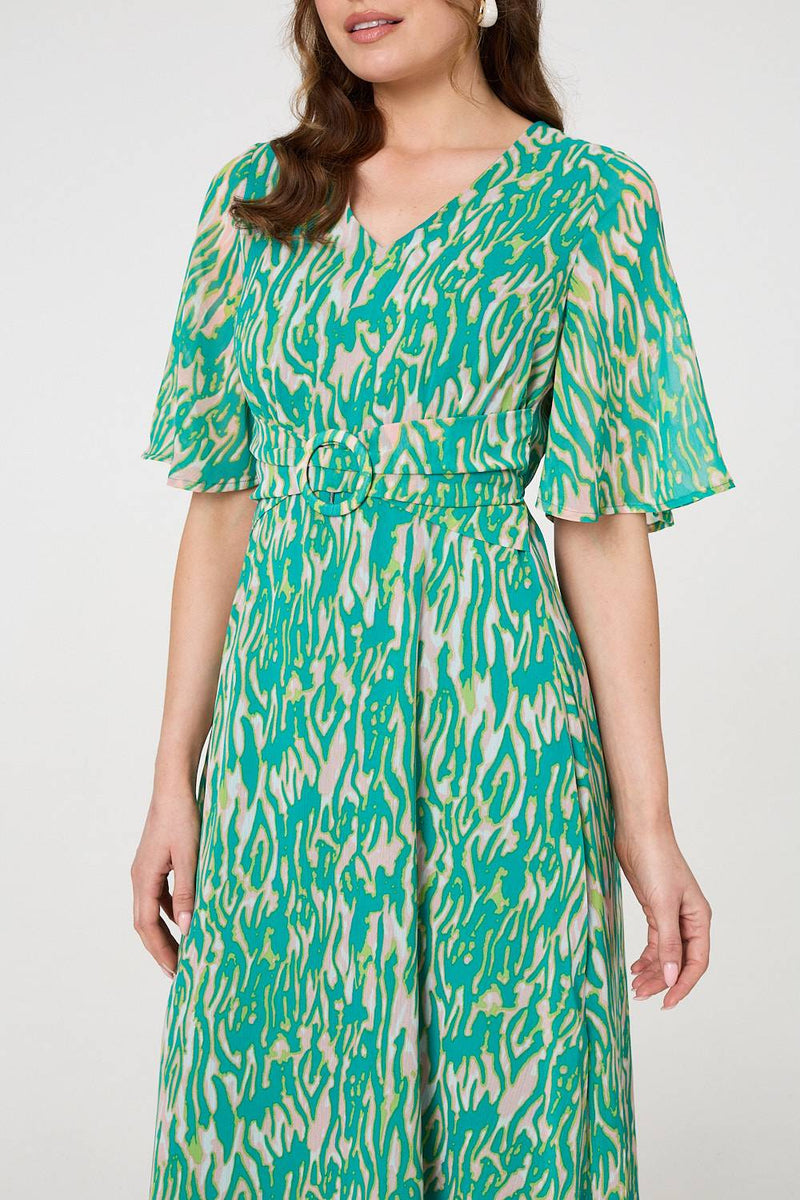 Printed 1/2 Sleeve Belt Waist Midi Dress