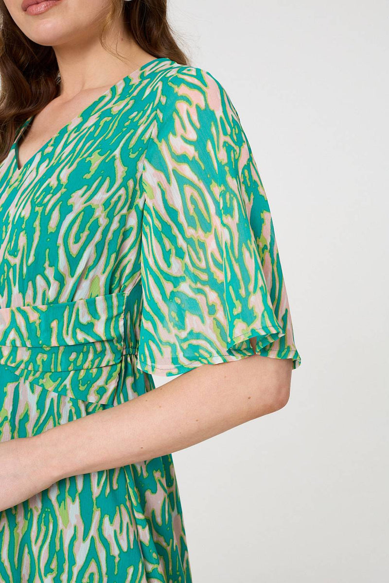 Printed 1/2 Sleeve Belt Waist Midi Dress