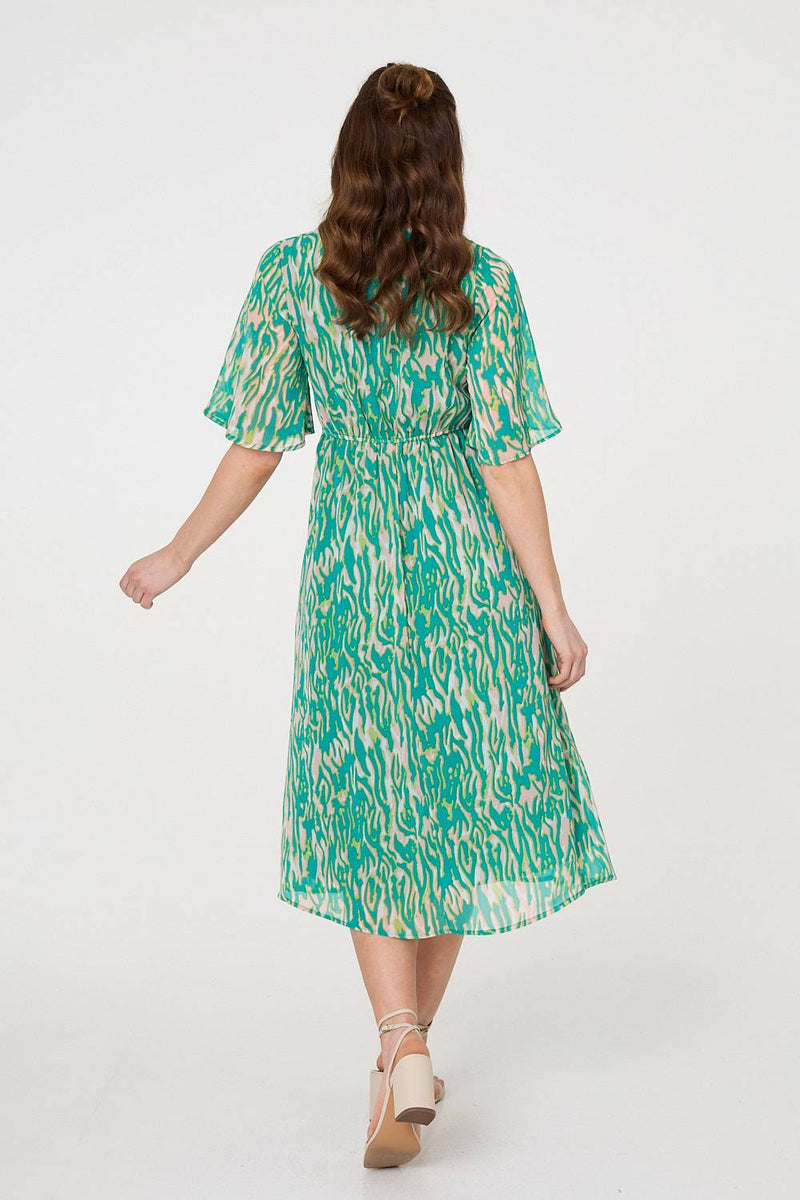 Printed 1/2 Sleeve Belt Waist Midi Dress