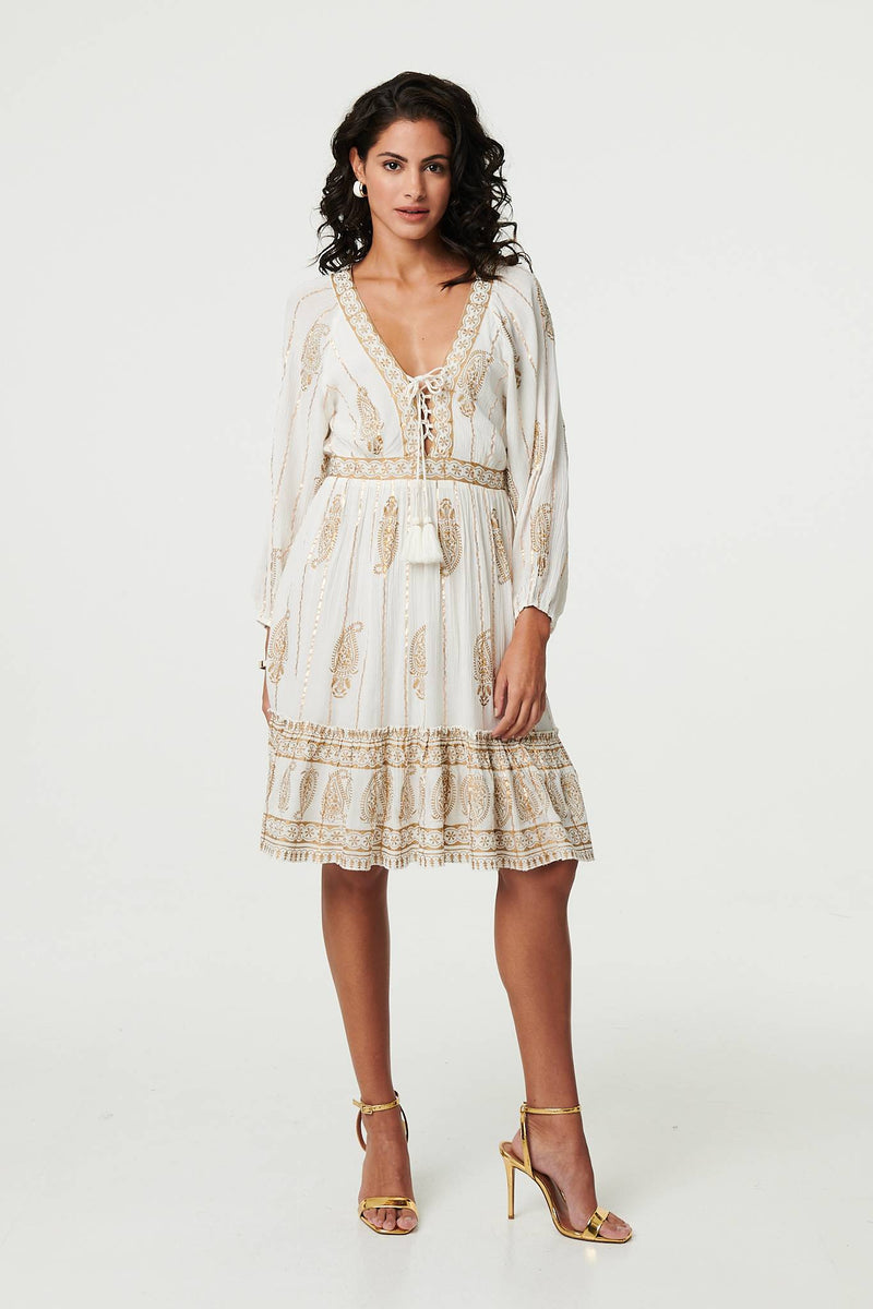 Paisley Flared Sleeve Knee Length Dress
