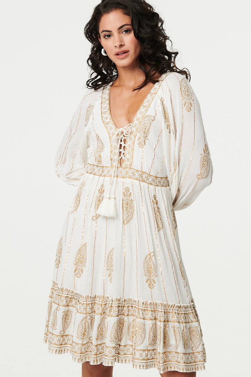 Paisley Flared Sleeve Knee Length Dress