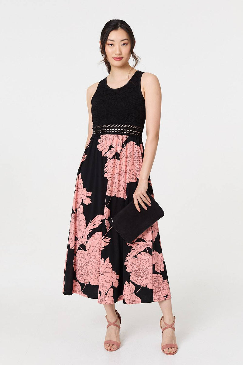 Floral Lace Trim Sleeveless Maxi Dress