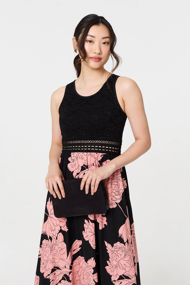 Floral Lace Trim Sleeveless Maxi Dress