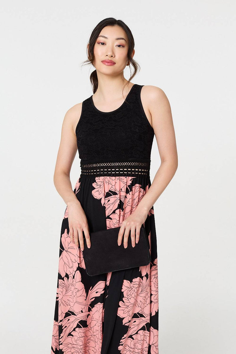 Floral Lace Trim Sleeveless Maxi Dress