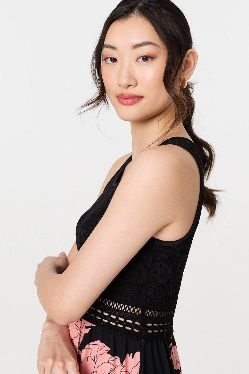 Floral Lace Trim Sleeveless Maxi Dress