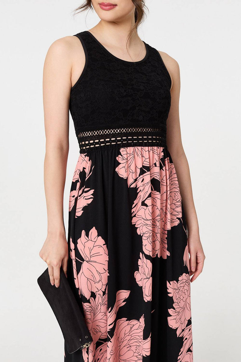 Floral Lace Trim Sleeveless Maxi Dress