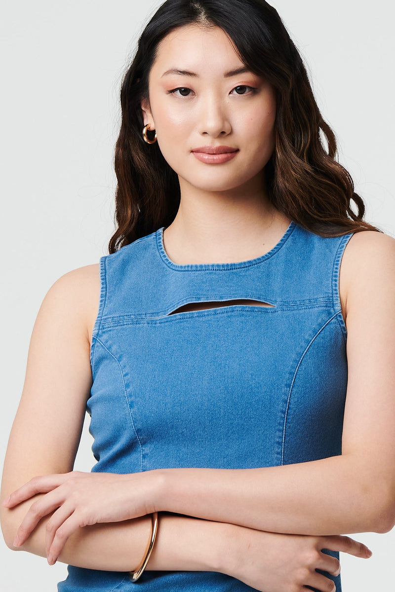 Cut-Out Detail Sleeveless Denim Mini Dress