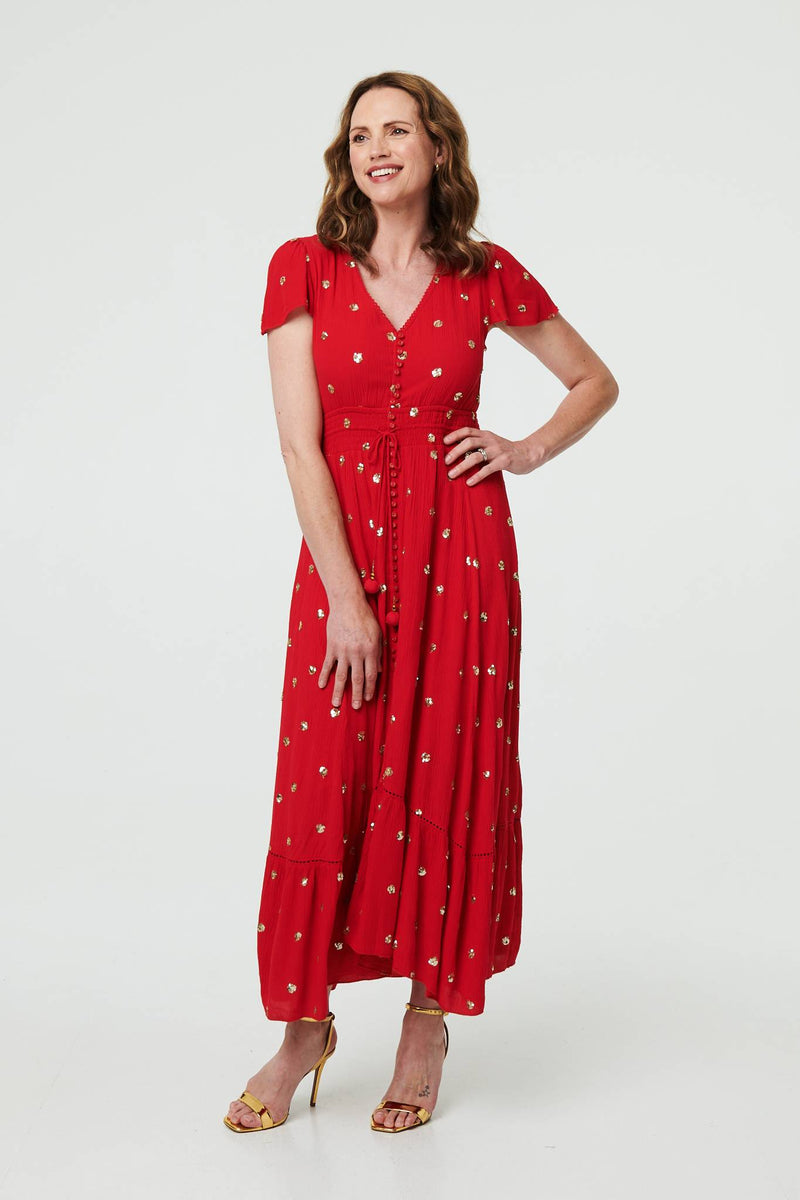 Sparkly Cap Sleeve Tassel Tie Maxi Dress