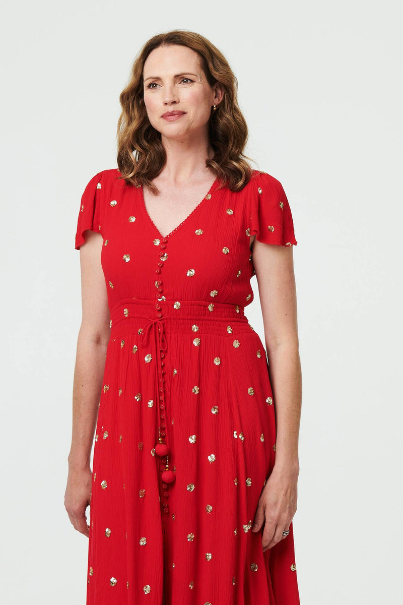 Sparkly Cap Sleeve Tassel Tie Maxi Dress