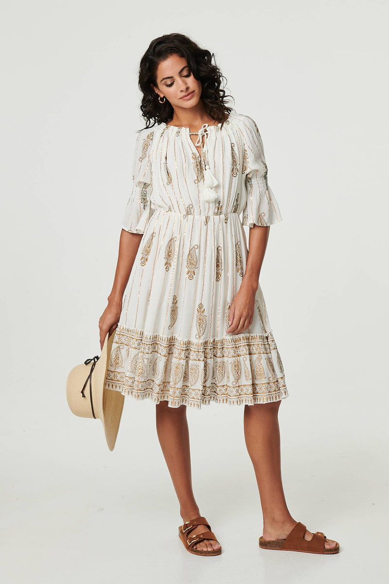 Ikat Print Knee Length Bardot Dress
