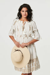 Ikat Print Knee Length Bardot Dress