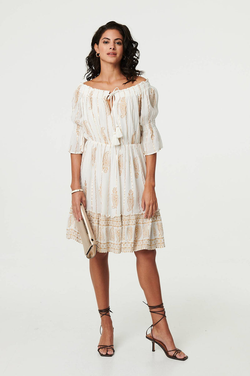 Ikat Print Knee Length Bardot Dress