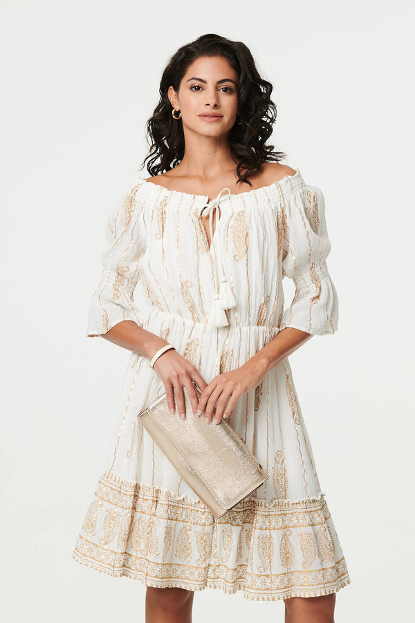 Ikat Print Knee Length Bardot Dress