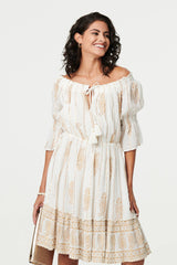 Ikat Print Knee Length Bardot Dress