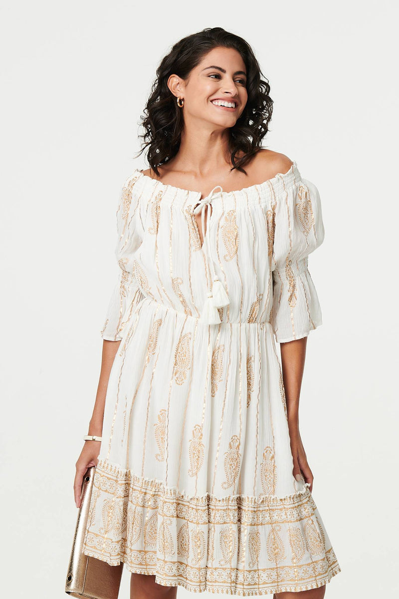 Ikat Print Knee Length Bardot Dress