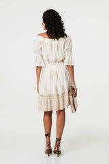 Ikat Print Knee Length Bardot Dress