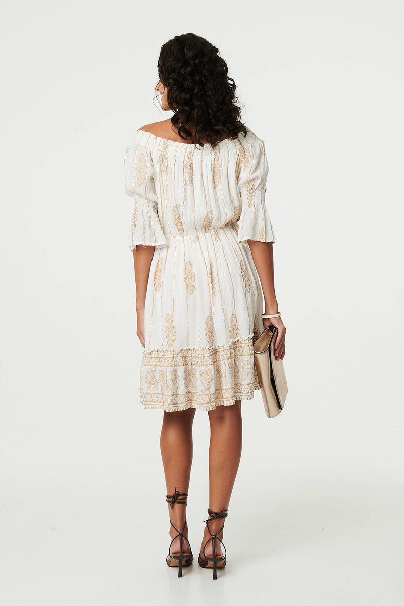 Ikat Print Knee Length Bardot Dress