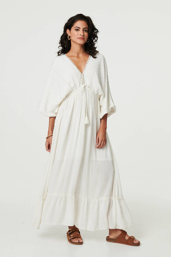 Textured V-Neck Empire Kimono Maxi Dress