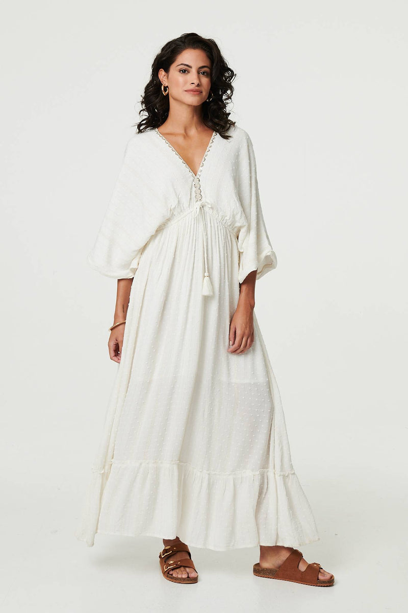 Textured V-Neck Empire Kimono Maxi Dress