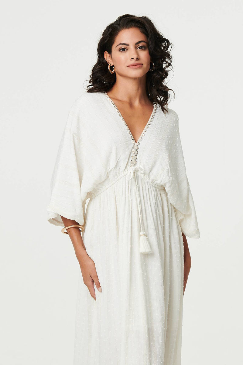 Textured V-Neck Empire Kimono Maxi Dress
