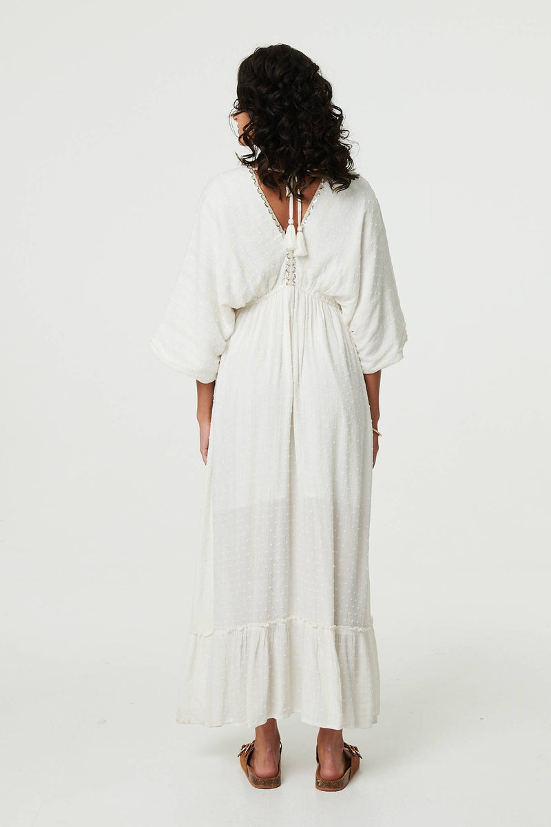 Textured V-Neck Empire Kimono Maxi Dress