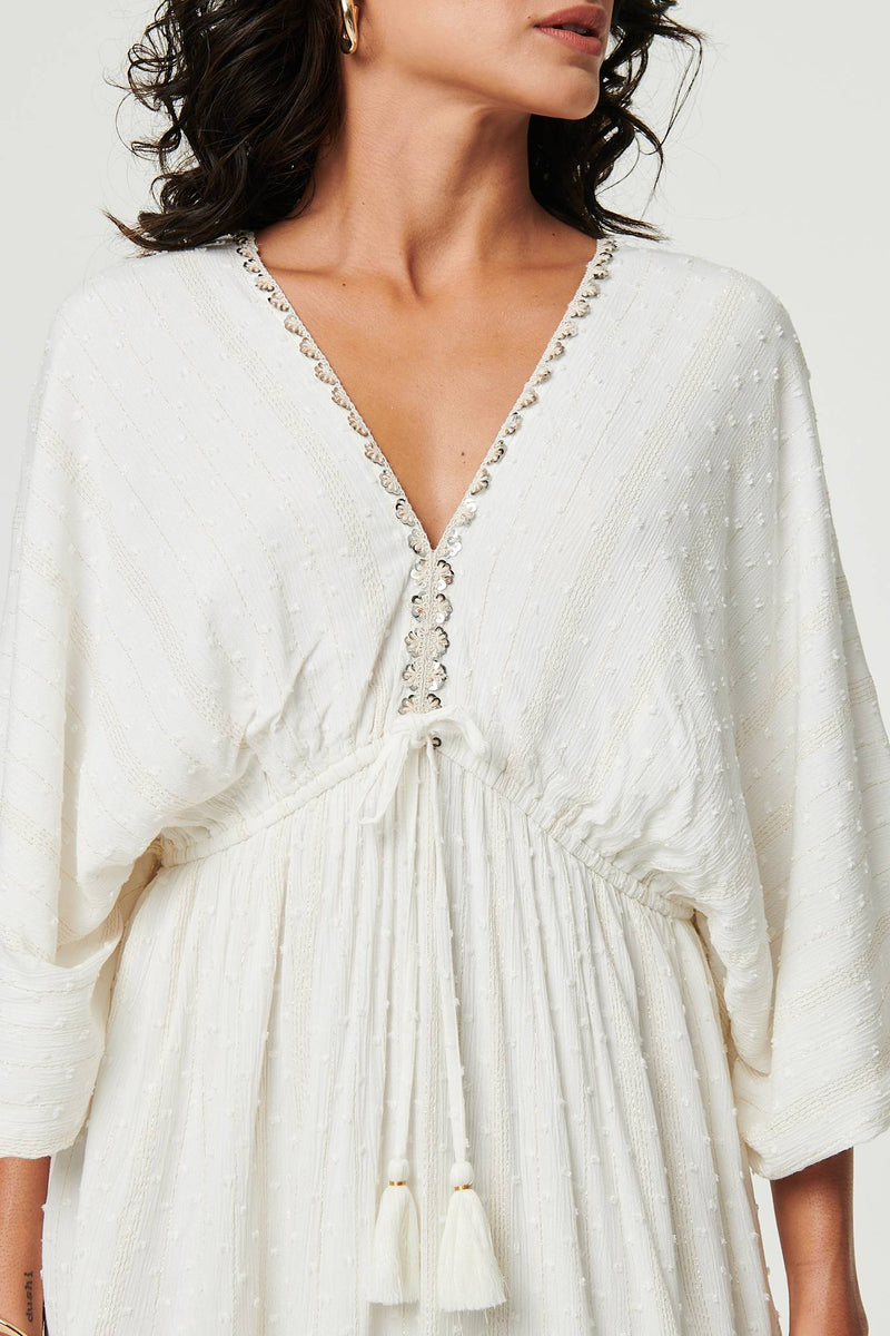 Textured V-Neck Empire Kimono Maxi Dress