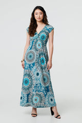 Mosaic Print Cap Sleeve Empire Maxi Dress
