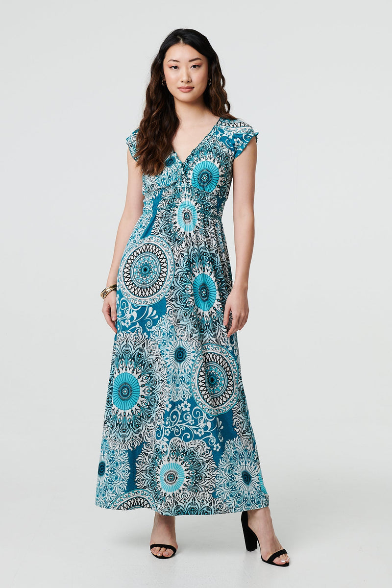 Mosaic Print Cap Sleeve Empire Maxi Dress