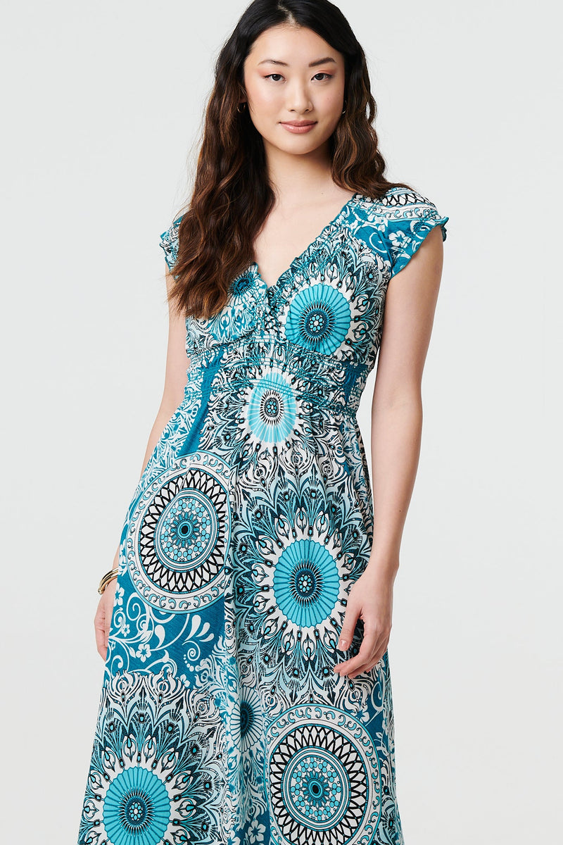 Mosaic Print Cap Sleeve Empire Maxi Dress