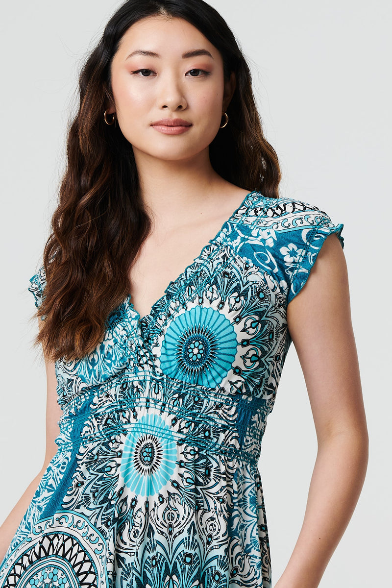 Mosaic Print Cap Sleeve Empire Maxi Dress