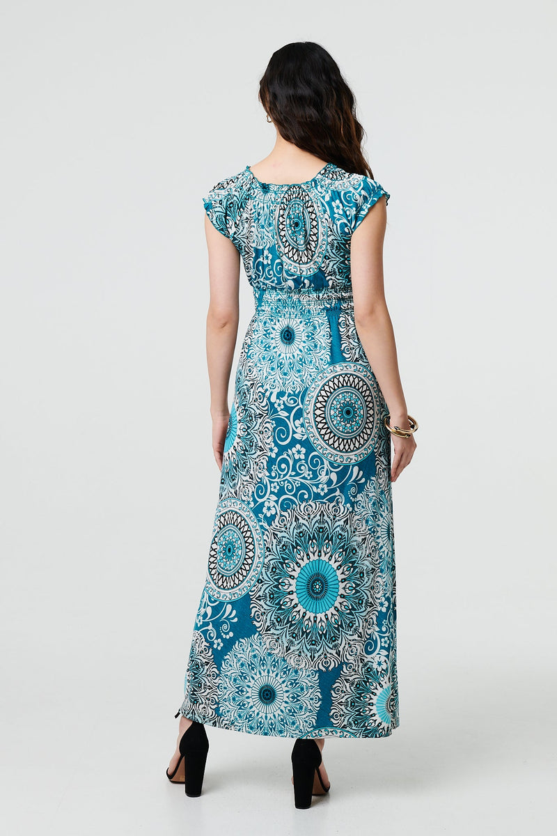 Mosaic Print Cap Sleeve Empire Maxi Dress