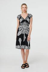 Printed Shirred Cap Sleeve Knee Length Dress
