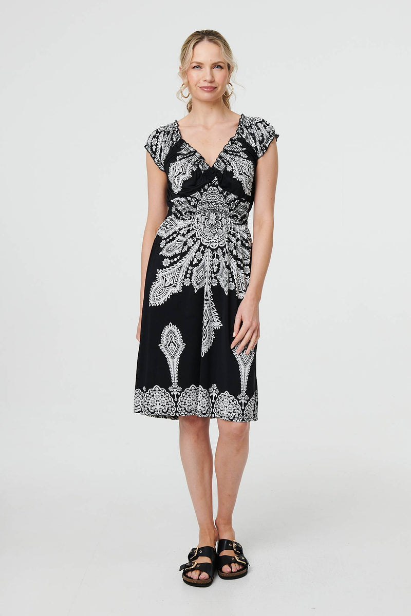 Printed Shirred Cap Sleeve Knee Length Dress