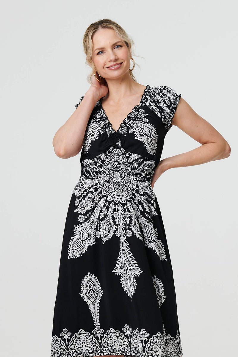 Printed Shirred Cap Sleeve Knee Length Dress