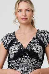 Printed Shirred Cap Sleeve Knee Length Dress