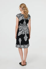 Printed Shirred Cap Sleeve Knee Length Dress