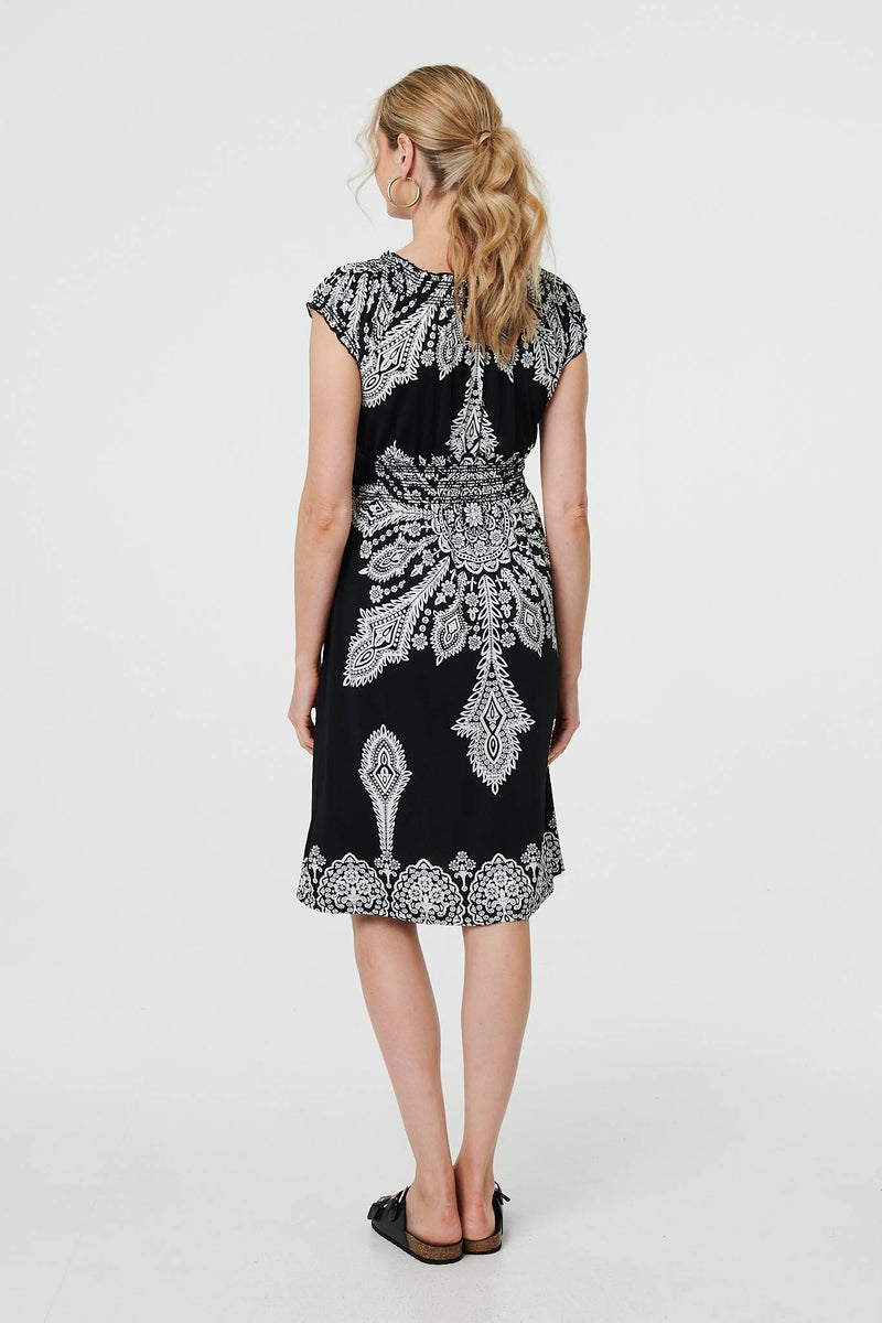 Printed Shirred Cap Sleeve Knee Length Dress