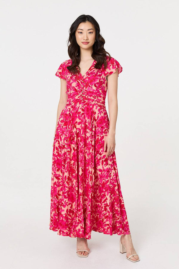 Floral Cap Sleeve Ruched Maxi Dress