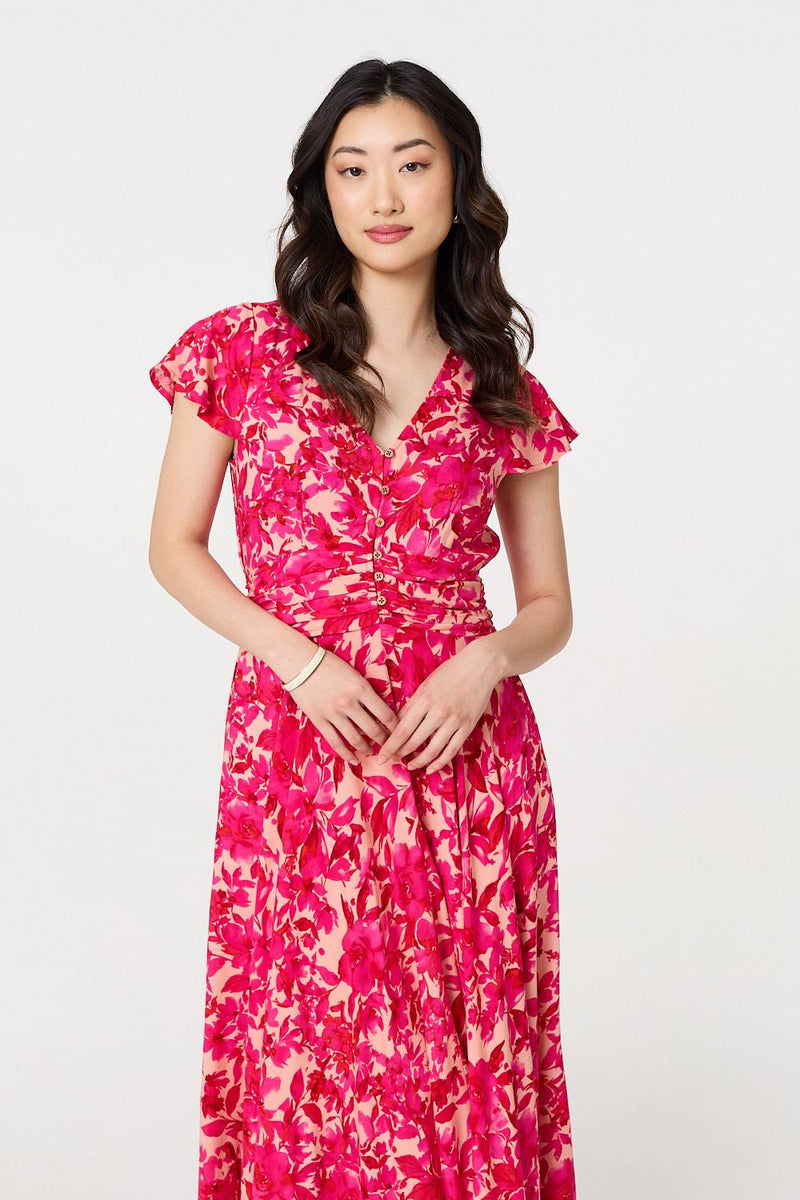Floral Cap Sleeve Ruched Maxi Dress