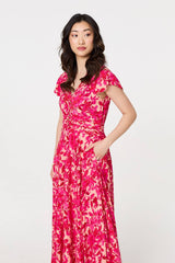Floral Cap Sleeve Ruched Maxi Dress