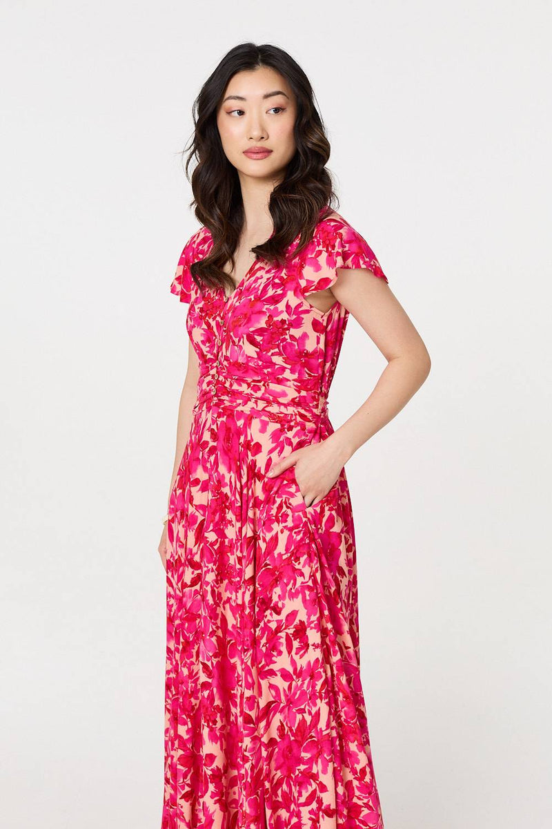 Floral Cap Sleeve Ruched Maxi Dress