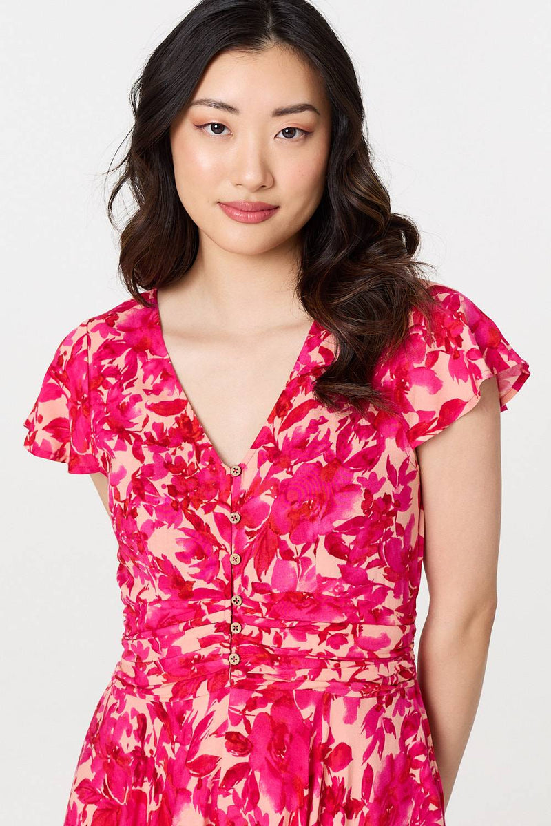 Floral Cap Sleeve Ruched Maxi Dress