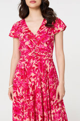 Floral Cap Sleeve Ruched Maxi Dress