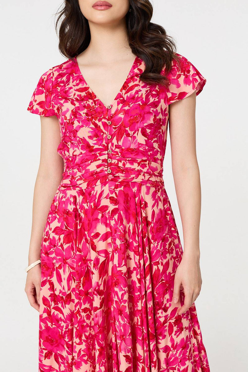 Floral Cap Sleeve Ruched Maxi Dress