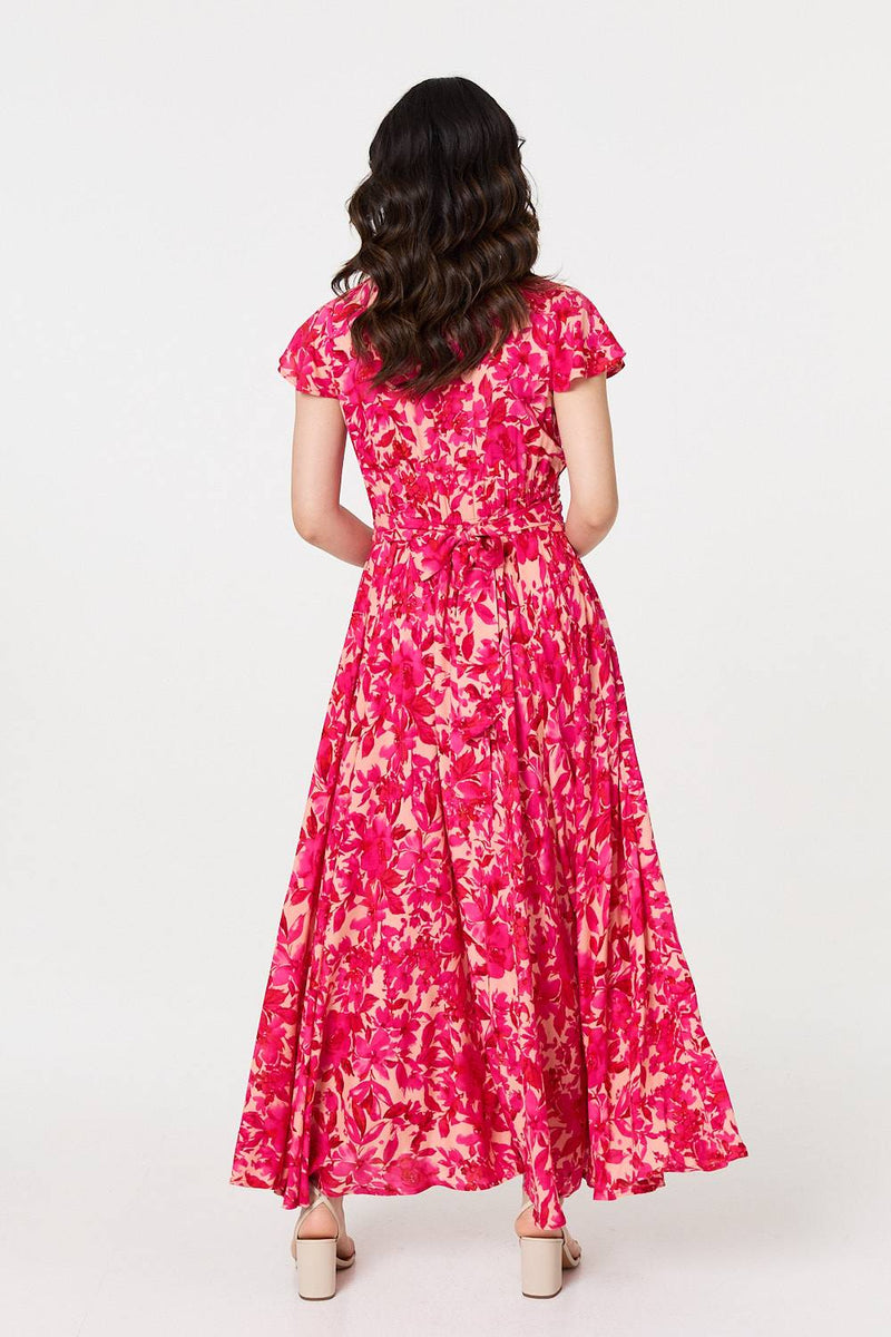 Floral Cap Sleeve Ruched Maxi Dress