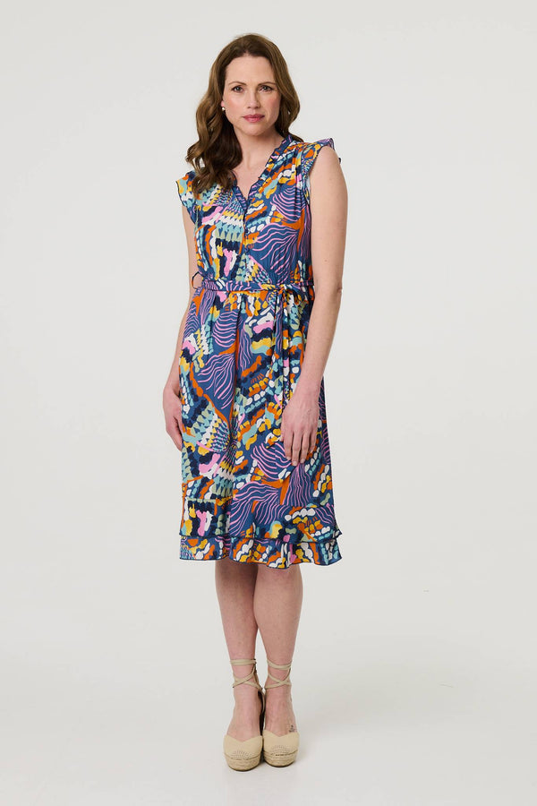 Abstract Frill Cap Sleeve Wrap Midi Dress