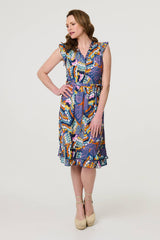 Abstract Frill Cap Sleeve Wrap Midi Dress