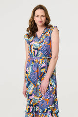 Abstract Frill Cap Sleeve Wrap Midi Dress