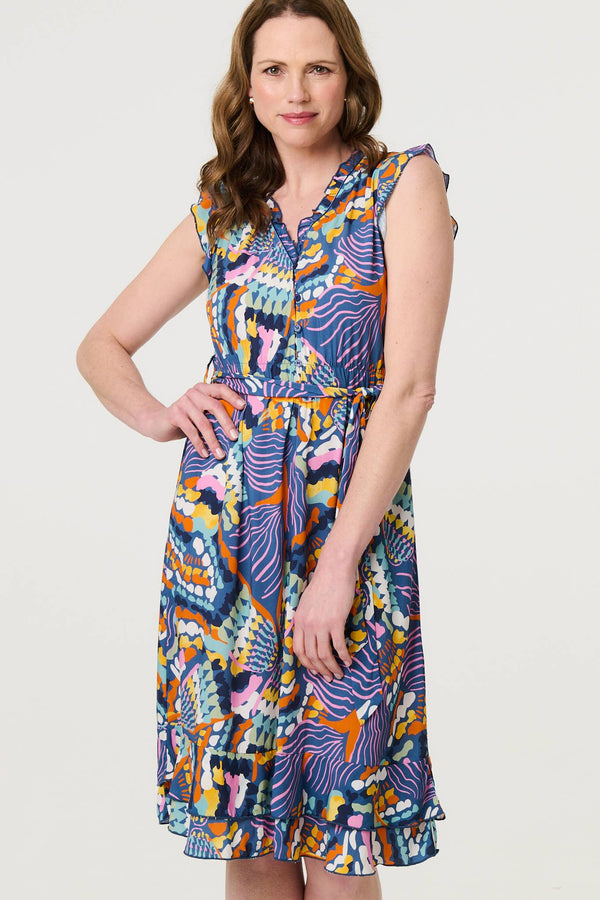 Abstract Frill Cap Sleeve Wrap Midi Dress